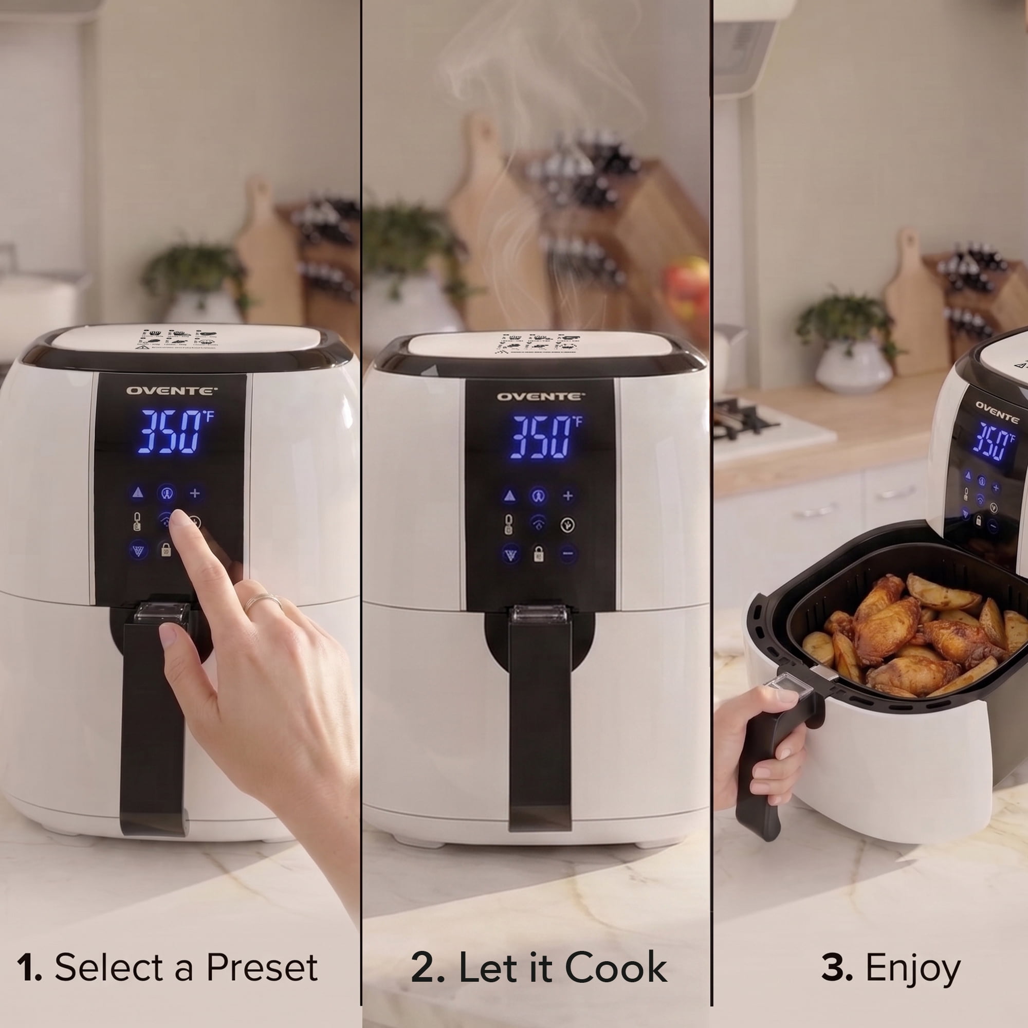 OVENTE 3.2 Qt Compact Digital Air Fryer, 1400W Power, White FAD61302W | Electric Hot Cooker, LED Touch Screen, Auto Shutoff, Dishwasher Safe Nonstick Basket, Perfect for Healthy Food