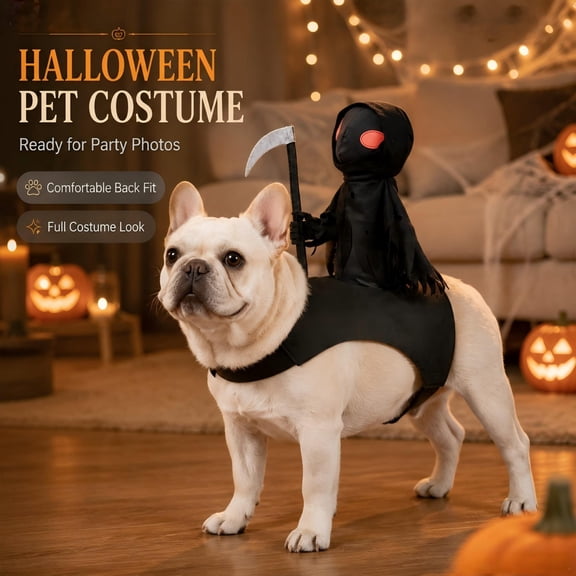 Dog Halloween Grim Reaper Rider Costume, 3D Cosplay Outfit with Magic Tape, Pet Halloween Costumes for Small Medium Large Dogs and Cats