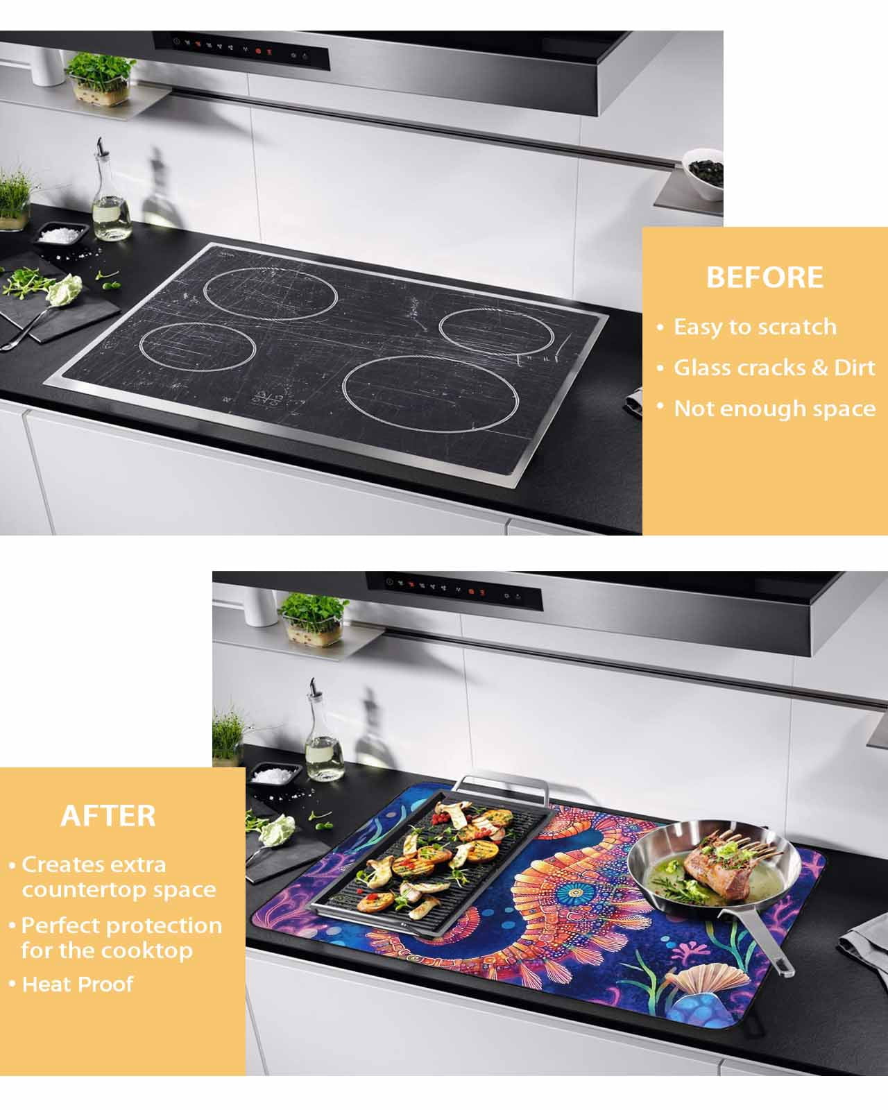 nqOlkjepod Large Induction Cooktop Protector Mat 24"x21", Coastal Seahorse Stove Top Covers for Electric Stove, Summer Watercolor Ocean Coral Stove Burner Cover Mats, Glass Top Stove Cover