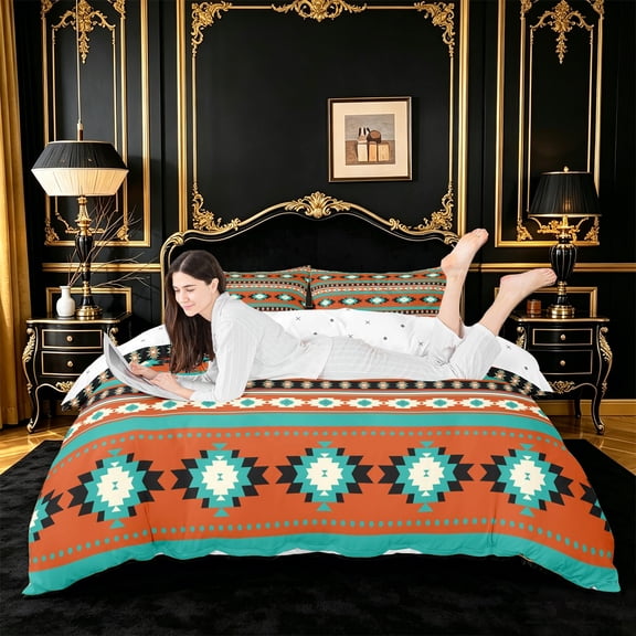 jejeloiu Bold Aztec Duvet Cover Queen For Men Women,Tribal Pattern Queen Bedding,Orange Teal,Reversible,3 Pieces,1 Duvet Cover and 2 Pillowcases