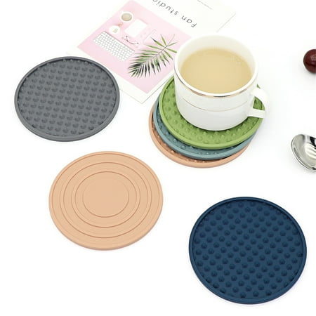 

Tuelaly 6Pcs Drink Coasters with Holder Anti-scald Sturdy Lightweight Round Non-slip Food Grade Pure Silicone Hot Coffee Cup Coaster Home Use