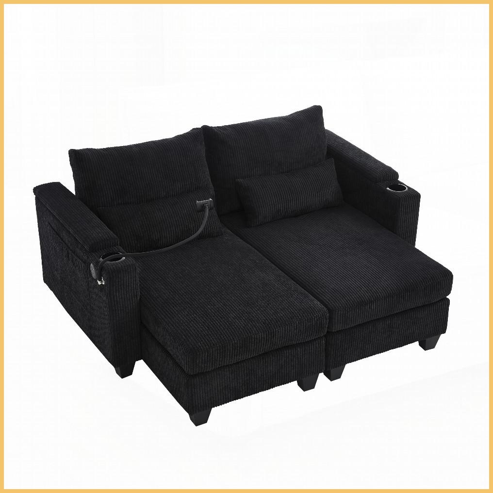 63” Convertible Corduroy Loveseat Sofa Bed with USB Ports & Cup Holders – Modern Compact Design for Living Room/Bedroom, Black