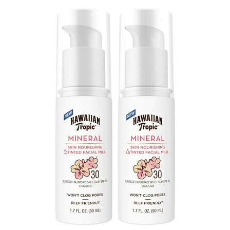 Hawaiian Tropic Mineral Skin Nourishing Milk Sunscreen for Face SPF30, 1.7oz|Sun Milk, Zinc Oxide Sunscreen, Mineral Sunscreen Face, Oxybenzone Free Sunscreen, Travel Size Sunscreen, 1.7oz (Pack of 2)