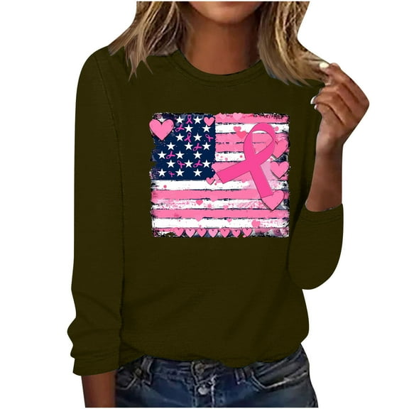 CLOISE Breast Cancer Shirts Women Long Sleeve Crewneck Shirts Ribbon Oversized Breast Cancer Support Tops Cute Comfy Tshirts Cancer Awareness Outfits Army Green XL