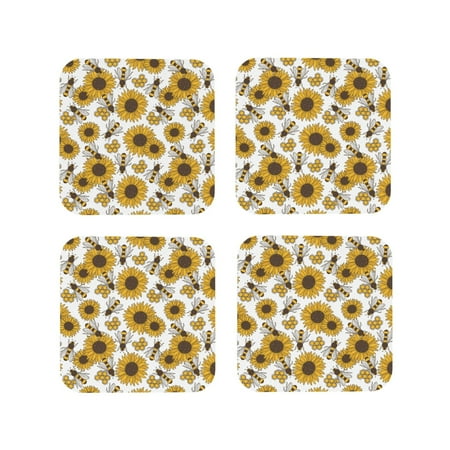 

Junzan Sunflowers and Bees Print Coasters for Drinks - Leather Coasters Set of 4 for Coffee Table for Housewarming/Kitchen/Bar/Decor-Square