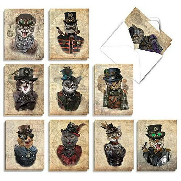 The Best Card Company - 20 Adorable Cat Greeting Cards (4 x 5.12 Inch) - Blank Assortment (10 Designs, 2 Each) - Steampunk Cats AM6554OCB-B2x10