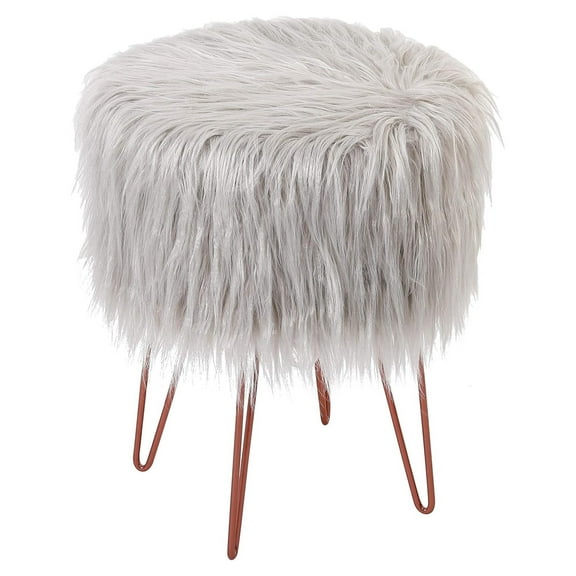 Drevy Silver Faux Fur Vanity Stool Chair - Soft Furry Compact Padded Seat - Vanity, Living Room, Bedroom and Chairs - Hair Pin Metal Legs Upholstered Decorative Furniture Foot Rest