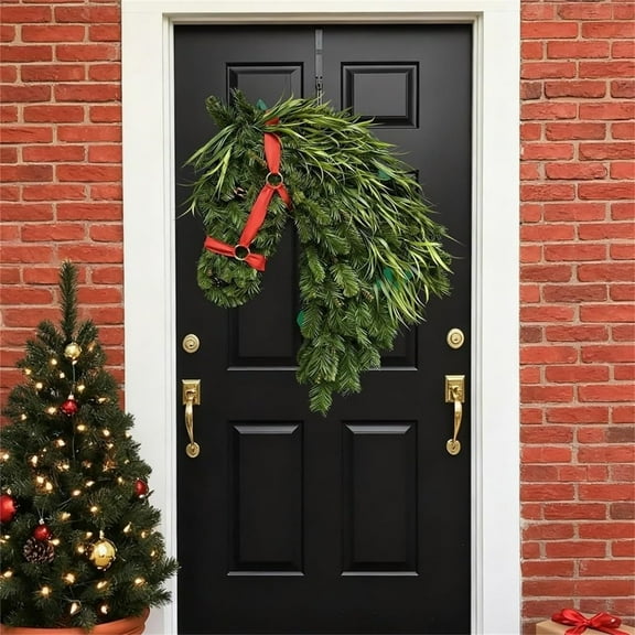 Horse Head Wreath – Rustic Farmhouse Equestrian Door Decor, 33×42cm Handmade Horse Head Christmas Wreath, Horses Heads Wreaths for Front Door for Barn,Porch Holiday Home Decoration