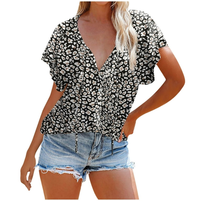 Sexy Tops for Women Trendy Button Casual Turn Down Neck Printed