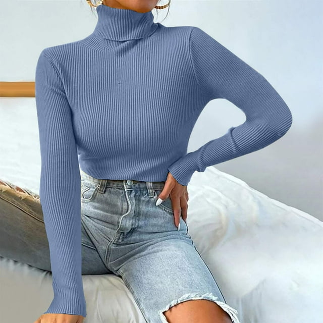 CFLVAEK Turtle Neck Sweaters for Women Lightweight Ribbed Knit Sweater Solid Color Slimming Shirts Casual Long Sleeve Fall Pullover Tops Blue S