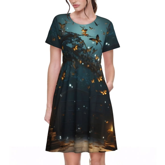 KLL Magical Library Butterfly Night for Women's Short Sleeve Summer Dress, Pleated Loose Swing Knee Length Dresses with Pockets