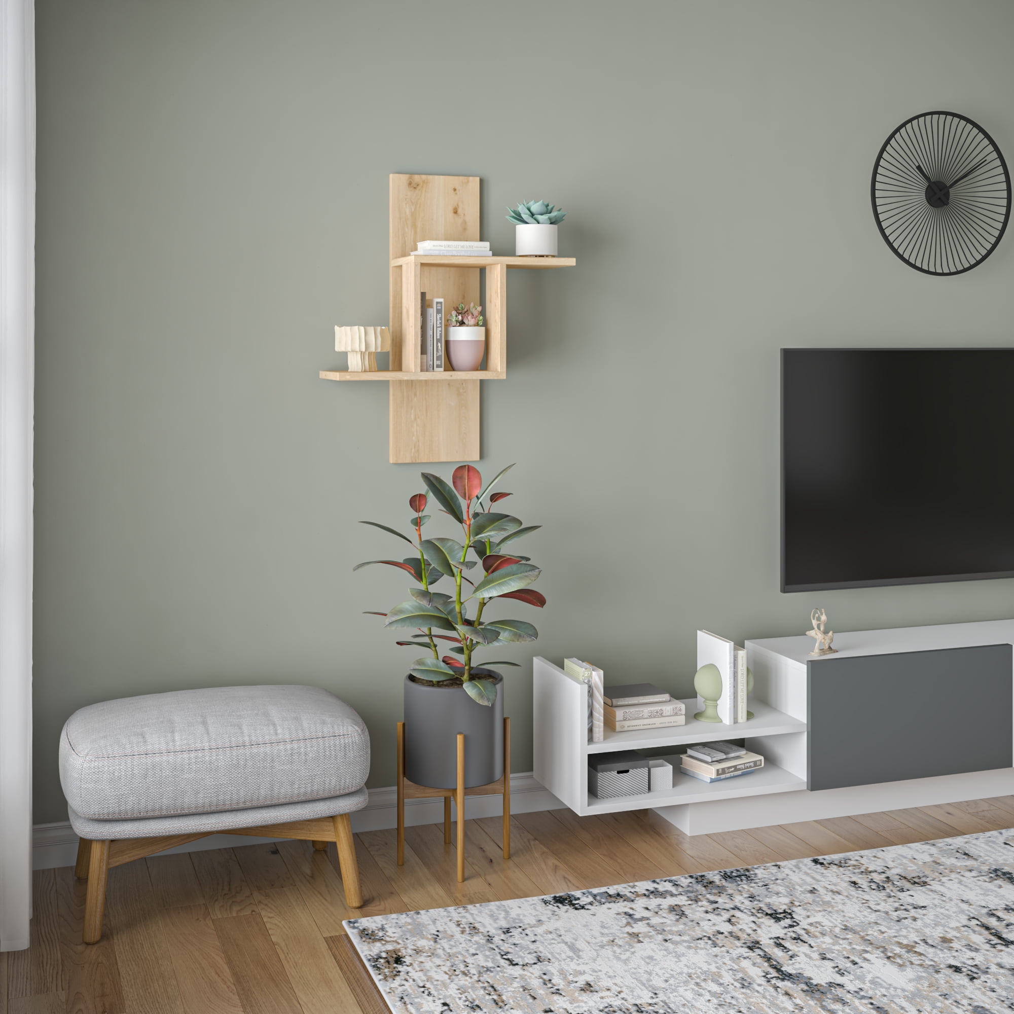 Ada Home Decor Furniture 25.2" 2 Tier Oak Waverley Modern Wall Shelf