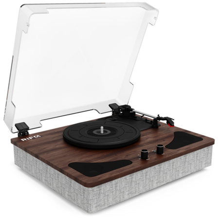 RIF6 Record Player with Speakers and Anti Dust Cover — 3 Speed Vinyl Player with Ruby Needle — Bluetooth, Auto Stop Function and Vibration Isolation System — Dark Brown Wood