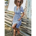 thumbnail image 2 of Women'S Summer Ruffle Puff Sleeve Dress Short Sleeve V Neck High Waist Casual Loose Striped Midi Dresses Royal Blue M, 2 of 5