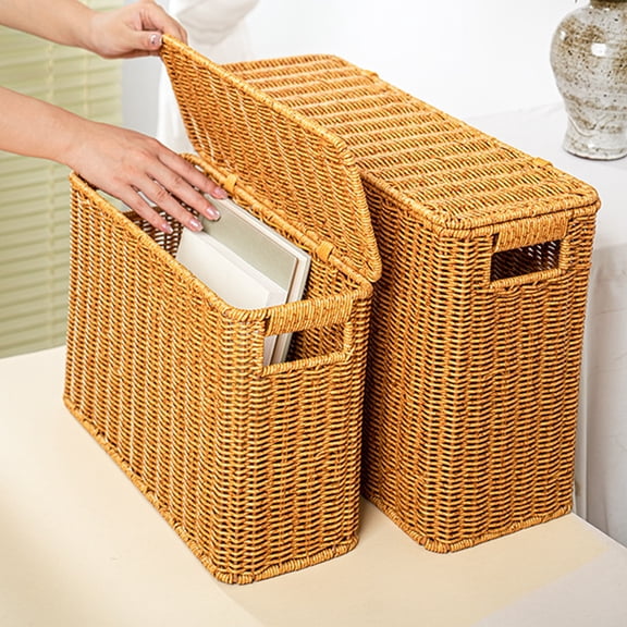 Set of 2 Plastic Wicker Narrow Storage Bin with Lid, Tall Slim Magazine Holder for Couch Side, Gap Filler Organizer for Bathroom, Kitchen, Laundry Room, Corner