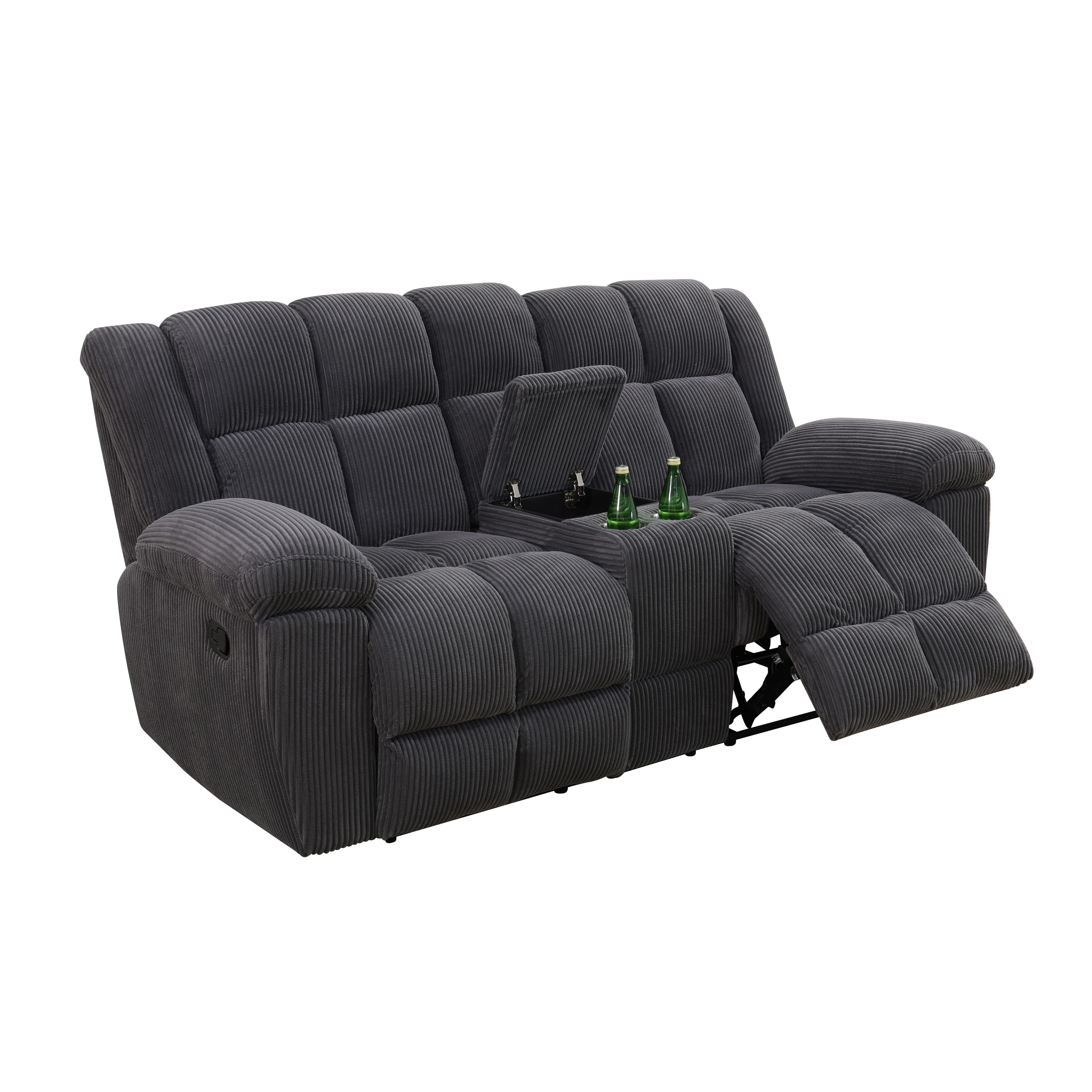 MAYEERTY Reclining Loveseat, 2-Seat Corduroy Fabric Recliner with Storage & Cup Holders for Living Room, Dark Gray