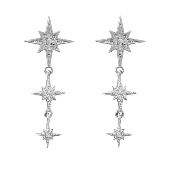 Cubic Zirconia Dangle Triple Star Earrings Rhodium on Sterling Silver