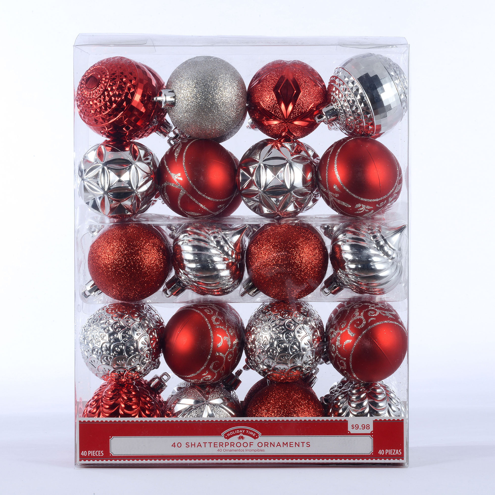 Holiday Time 40 Count Shatterproof Ornaments Red & Silver  Walmart