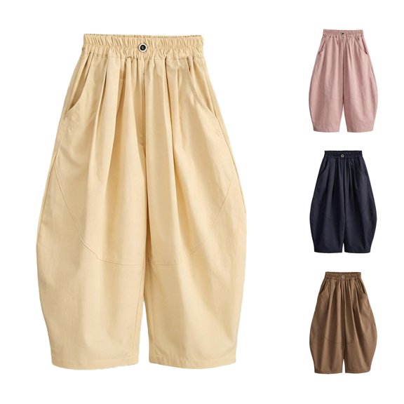 SGMVNU Girls Cotton Wide Leg Harem Pants Elastic Waist Baggy Palazzo Pants Casual Balloon Trousers with Pockets, Size 1-2 Years, Beige