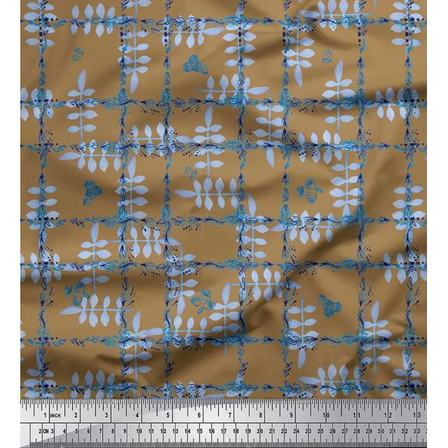 Soimoi Brown Rayon Fabric Leaves & Floral Check Decor Fabric Printed Yard 42 Inch Wide