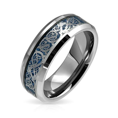 Celtic Dragon Blue Inlay Tungsten Wedding Ring 8mm