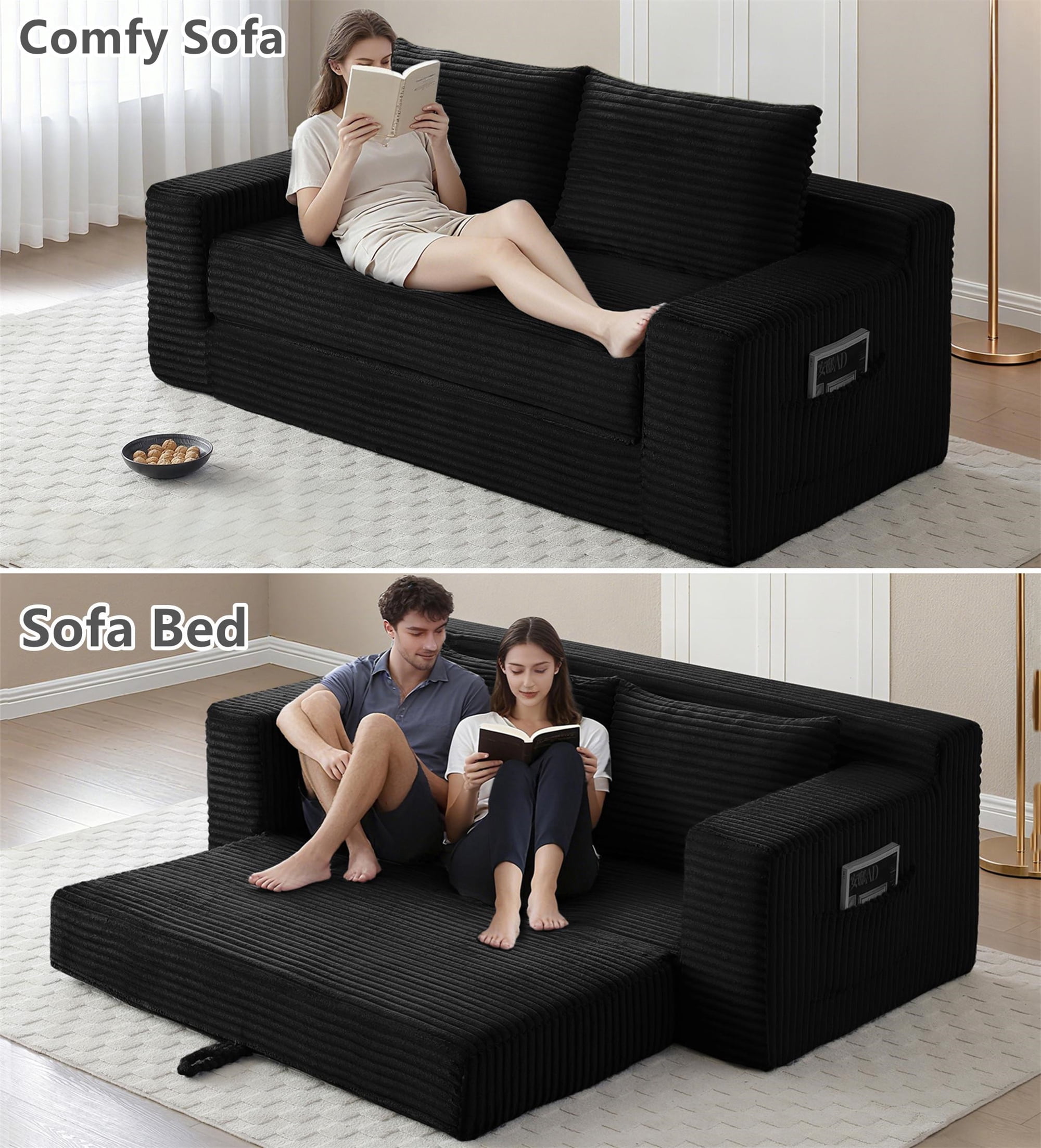 Aukfa 73" Chaise Futon Convertible Sofa Bed Boneless Couch, 2 Pillows&Side Pockets, Queen Size, Corduroy, Black