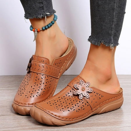 

PhoneSoap Fashion Summer Women Sandals Wedge Heel Thick Sole Hollow Breathable Lightweight Round Toe Flower Brown