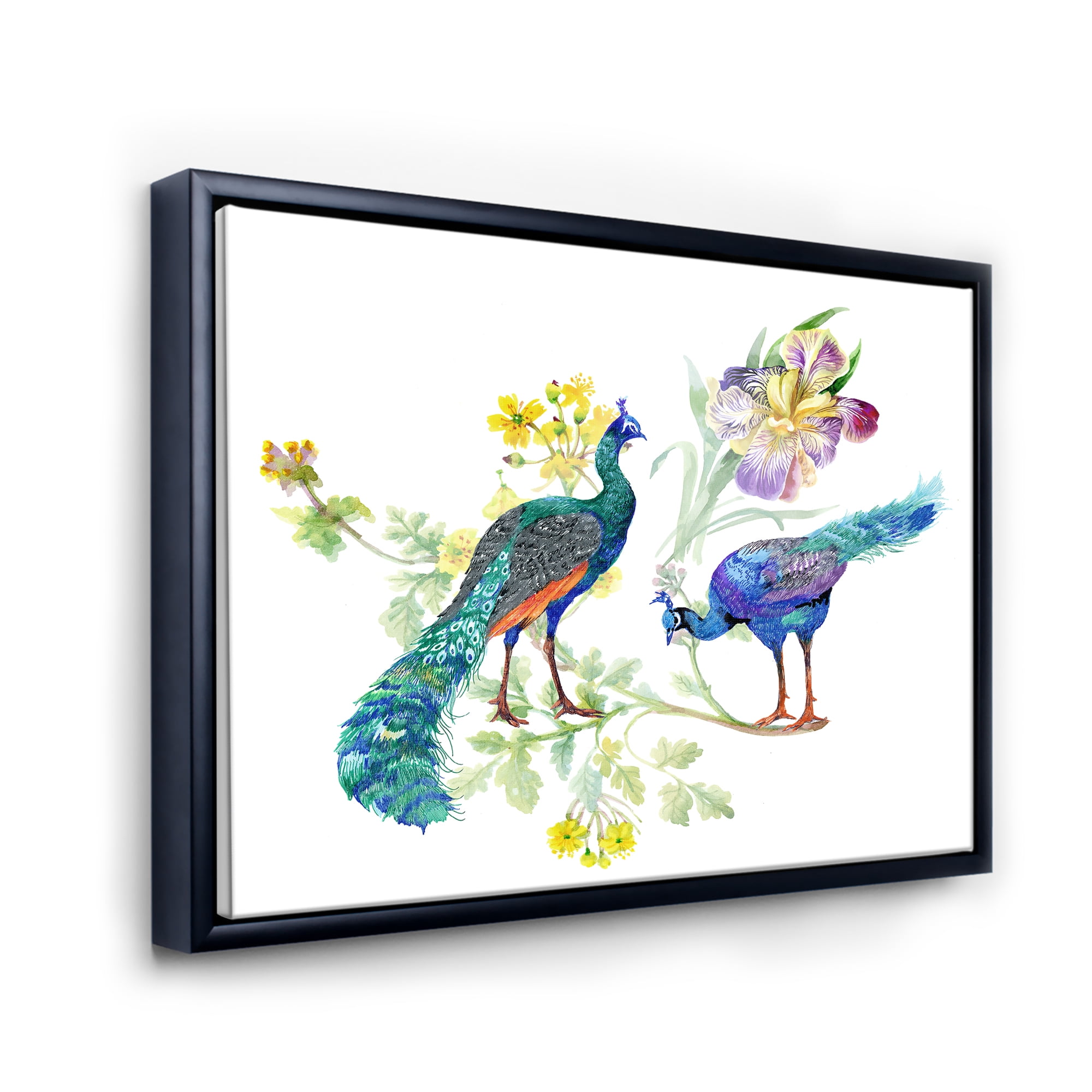 Designart 'Iris Flowers and Peacocks' Traditional Framed Canvas Wall Art Print