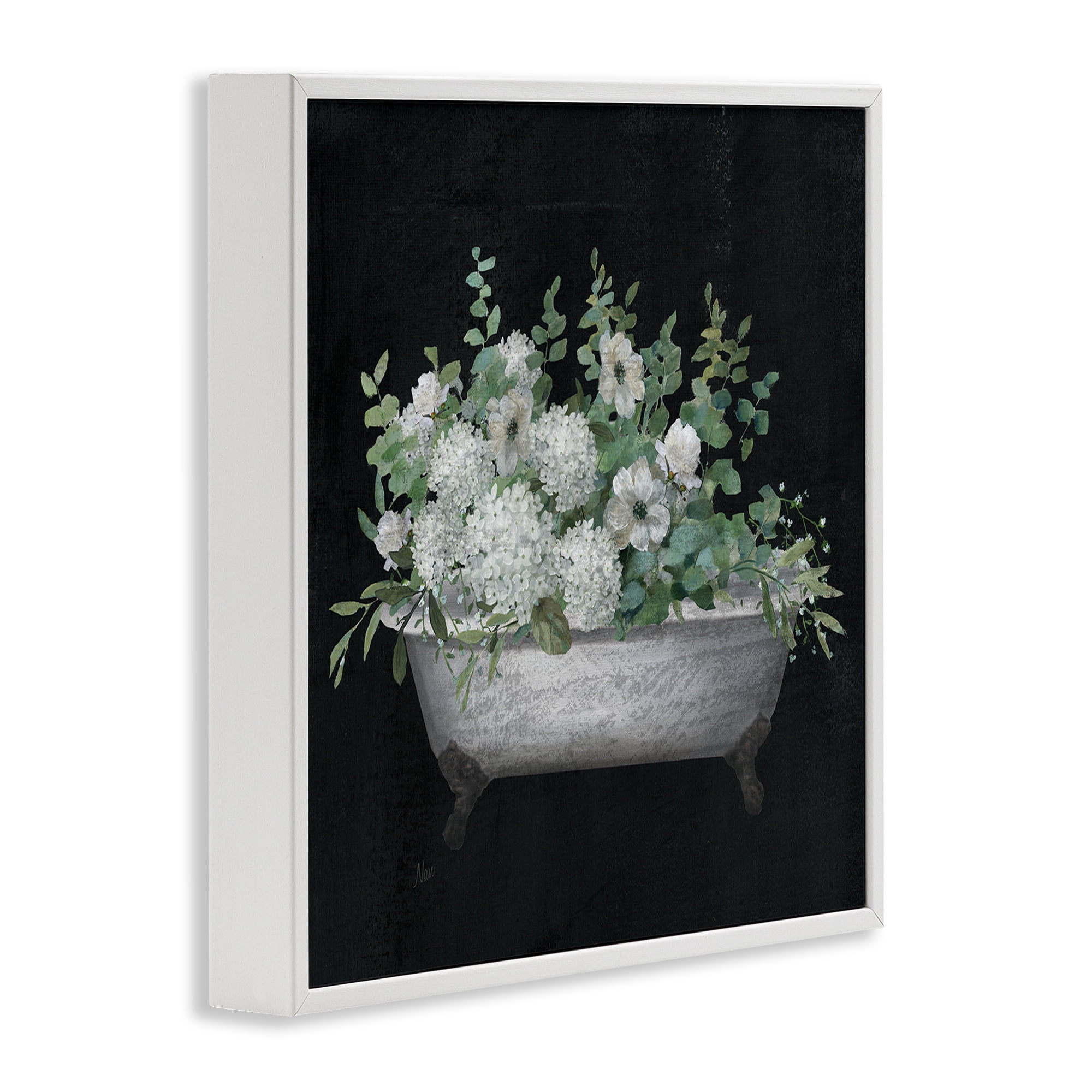 Stupell Industries Floral Bath on Black Typography Painting White Framed Art Print Wall Art, 12 x 12