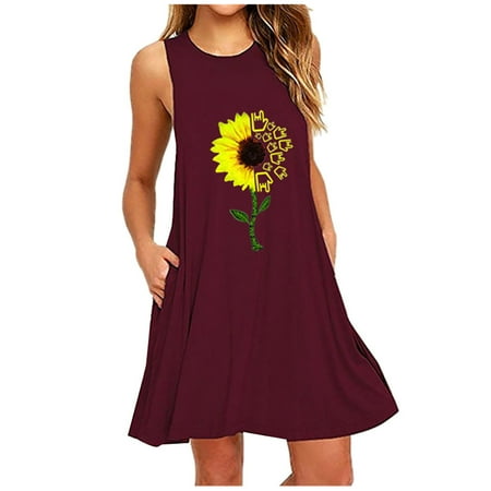 

Huaai Womens Sunflower Printing Sleeveless Dresses Pocket Fashion Casual Loose Nightdress Dresses Leisure Party Flowing