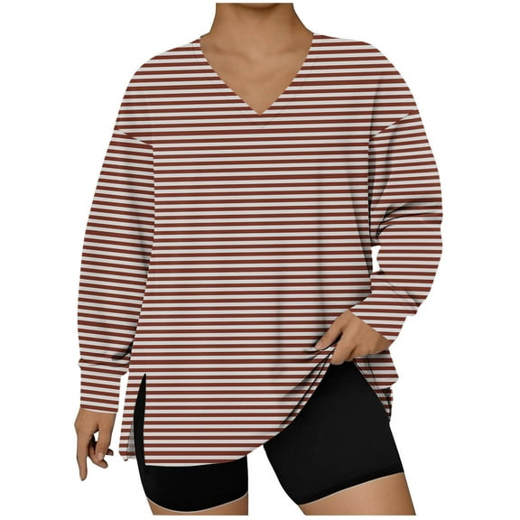 VgaVtl Womens Tees Oversized V-Neck Long Sleeve Womens Tops Striped Everyday Leisure Yellow Soft Shirts,5XL