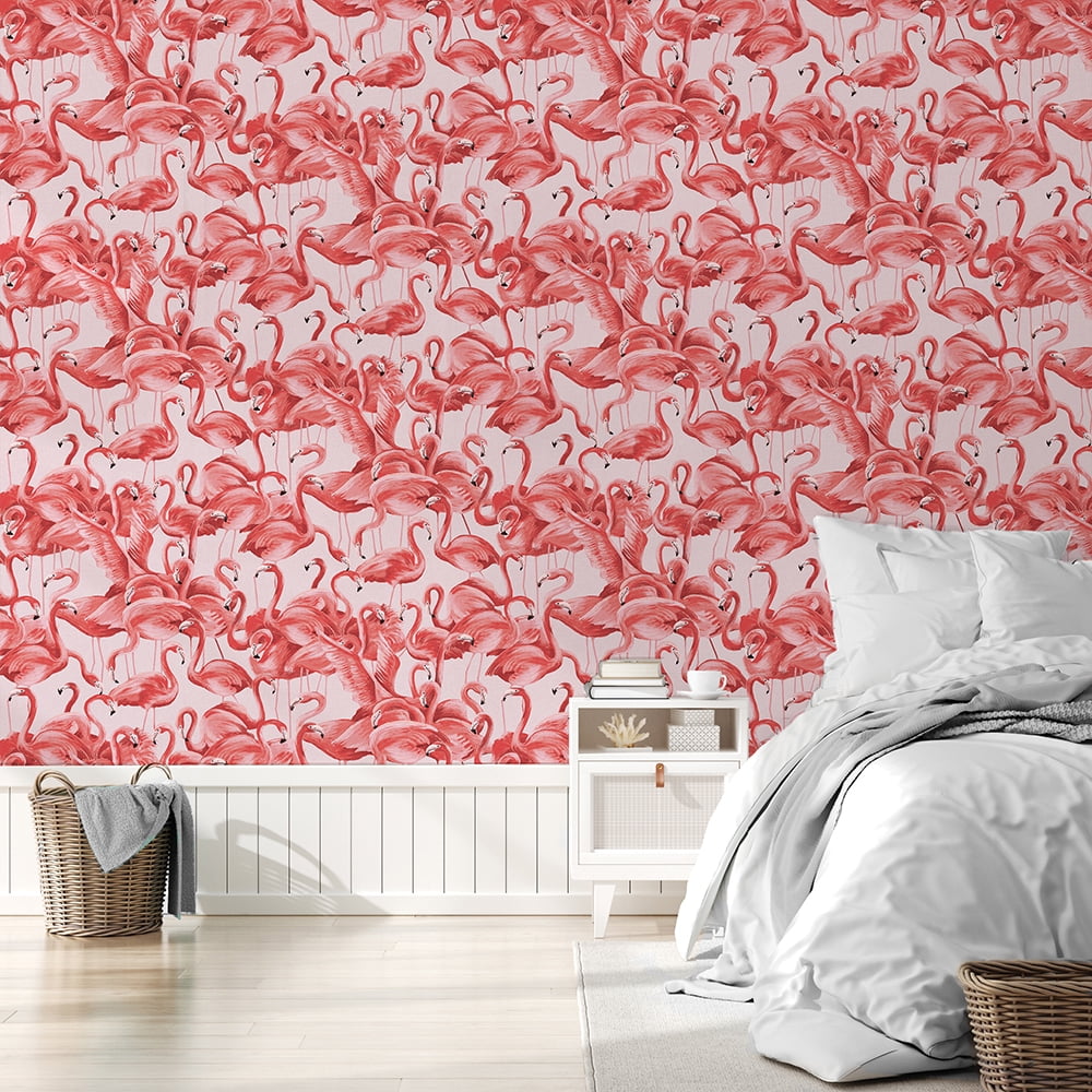 Tempaper Flamingo Pink Tropical Peel and Stick Wallpaper, 20.5" x 16.5'