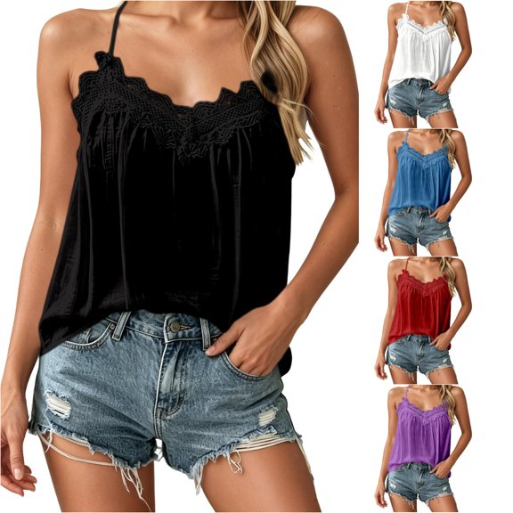 DHFJKG Camisole Tops For Women Lace Trim V Neck Loose Fit Tank Top With Adjustable Straps Summer Going Out Fashion Clothing