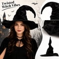 thumbnail image 5 of Crushed Velvet Wrinkled Witch Hat Adult Halloween, Polyester Fiber Twisted Curved Wizard Hat Vintage Prop for Spooky Halloween Party and Dress Up Black B, 5 of 6