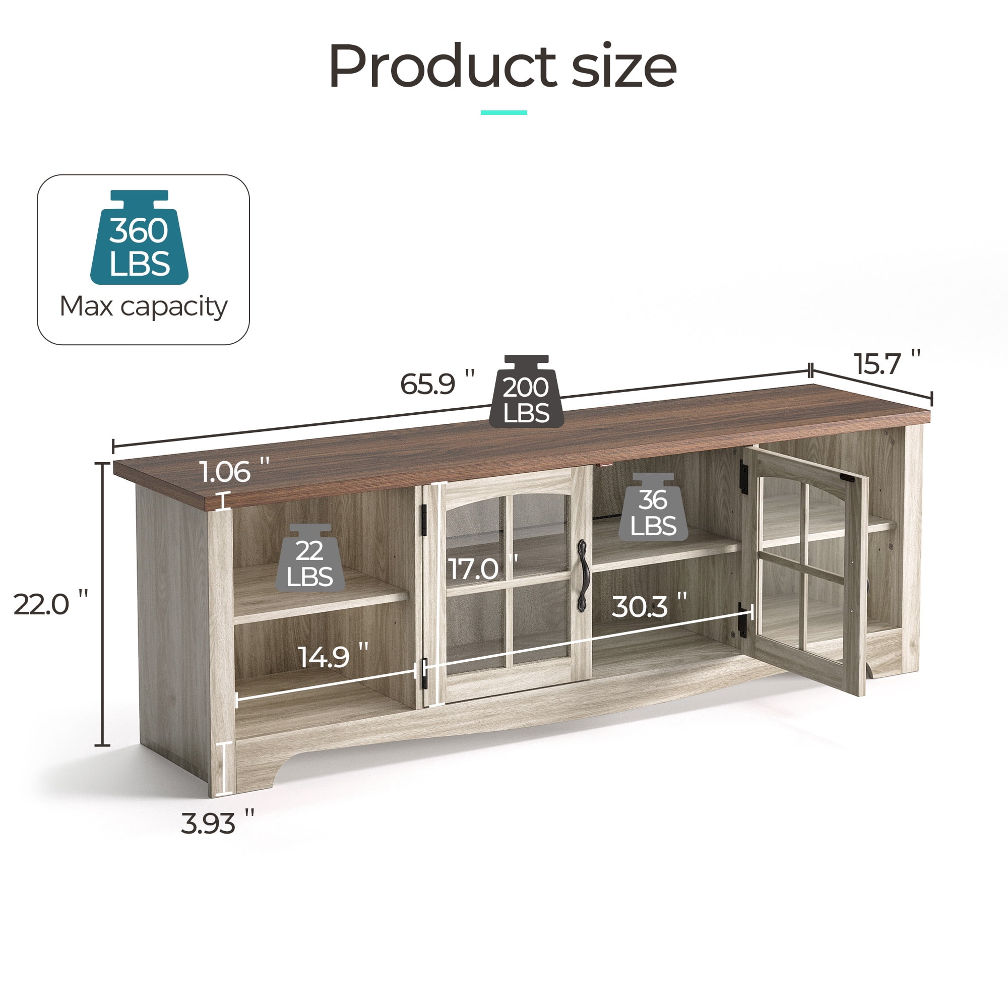 LINSY HOME Modern Farmhouse TV Stand for TVs up to 75", Home Entertainment Center with Storage Cabinet and Adjustable Shelves, Washed Grey & Brown