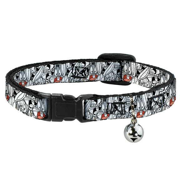 Looney Tunes Cat Collar, Breakaway Collar with Bell, Bugs Bunny Expressions Stacked White Black Gray, 8.5 to 12 Inches 0.5 Inch Wide