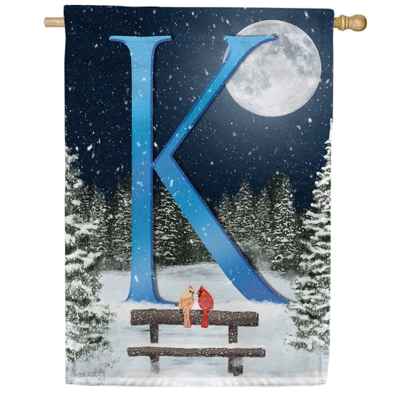 America Forever Winter Monogram Letter K Cardinals House Flag Vertical Double Sided 28 x 40 inches Winter Night Happy Holiday Seasonal Flags for Outdoor, Yard Porch Decoration, Winter Forest Flag