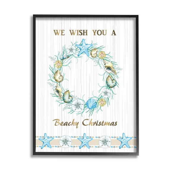 Beachy Christmas Sea Life Seashell Wreath Pattern Coastal Graphic Art Framed Art Print Wall Art