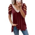 thumbnail image 3 of Fimkaul Casual T Shirts for Women Stripe Stitching Lace Tunic V-Neck Causal Short Sleeve Blouse T-Shirt Tops Wine L, 3 of 6