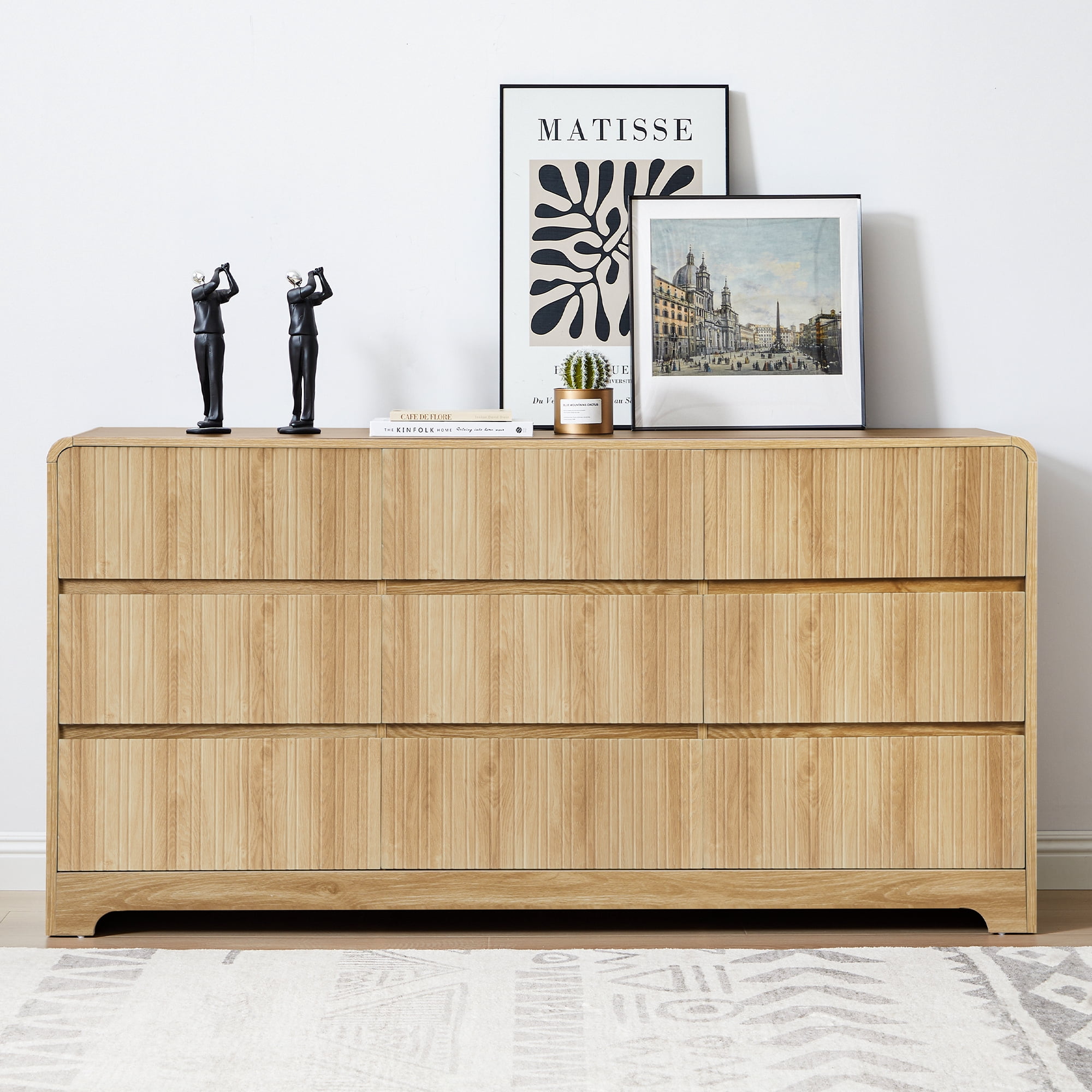 LEFHDA 63" Large 9 Drawer Wood Dressers, Fluted Wide Chest of Drawers, Mid Century Modern Wood Dresser for Living Room, Bedroom, Oak