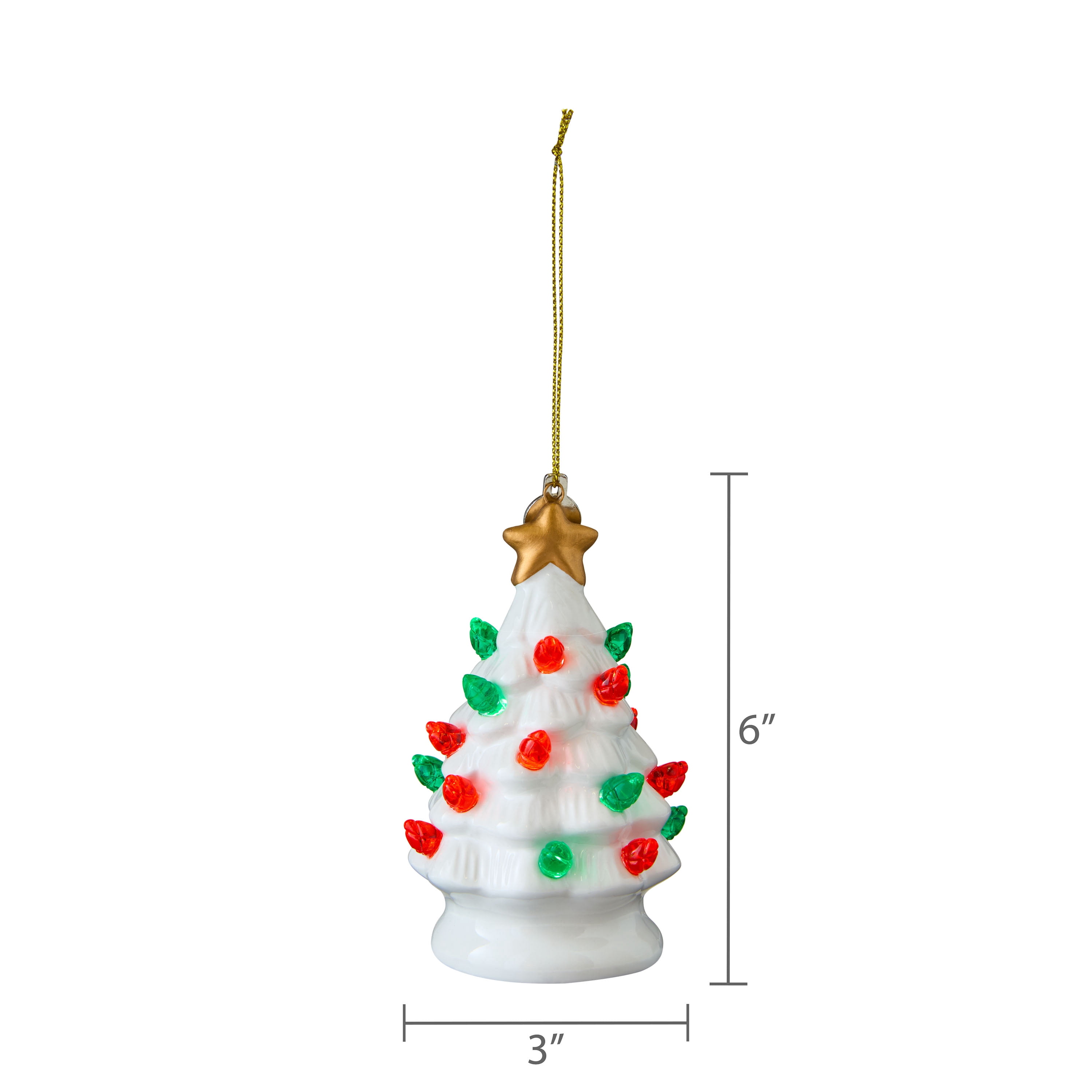 Mr. Christmas 4" Nostalgic Ceramic Lit Tree Ornament Decoration, White with Red & Green Bulbs