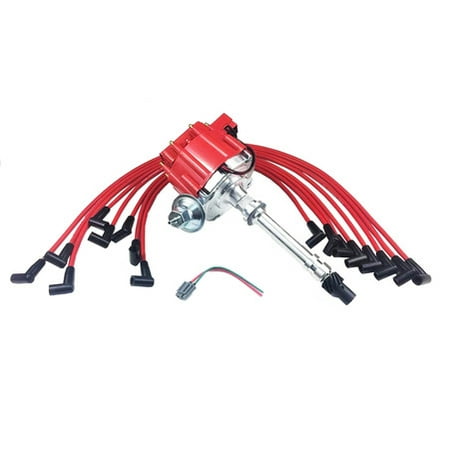 SBC CHEVY 283 350 HEI Distributor + RED 8mm SPARK PLUG WIRES UNDER THE