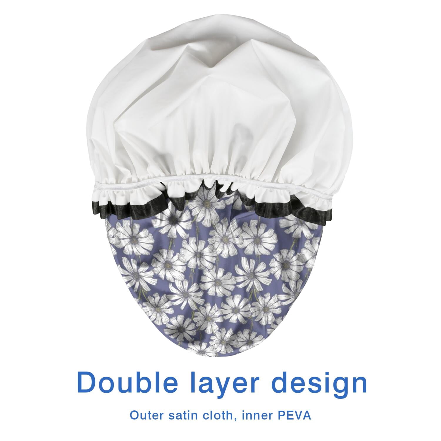Shower Caps,Blue Daisy Flower Floral Pattern Waterproof Shower Cap for Women 4 Pieces,Double Reusable Hair Cover for Shower PEVA Elastic Stretch Hem