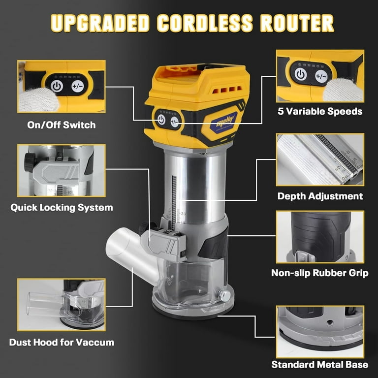 Cordless Compact Router Mellif Brushless Palm Router for DeWalt 20V MAX Battery NO Battery 28 000RPM 600W w Fixed Base 12PCS 1 4 Router Bits 5 Speeds Edge Guide Roller Guide Dust Hood Walmart