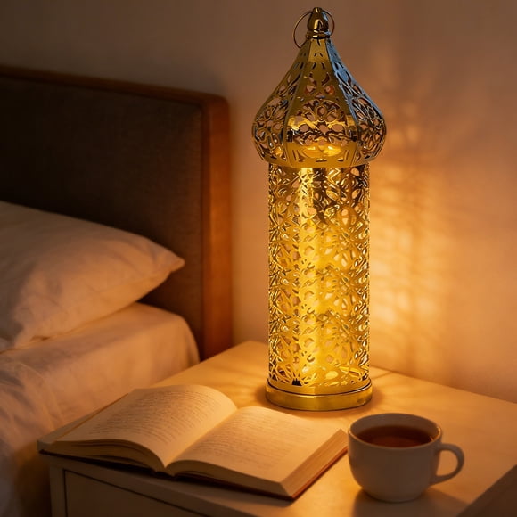 Birdeem Golden Moroccan Lantern with Metal Stand, Decorative Table Lamp for Home, Intricate Cut-Out Design for Ambiance, Includes Hanging Ring