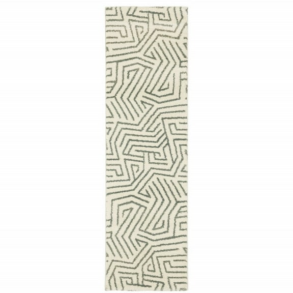 HomeRoots 2' X 8' Gray And Ivory Geometric Power Loom Runner Rug