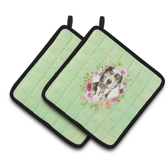 Carolines Treasures CK4409PTHD Catahoula Leopard Dog Green Flowers Pair of Pot Holders 7.5HX7.5W multicolor