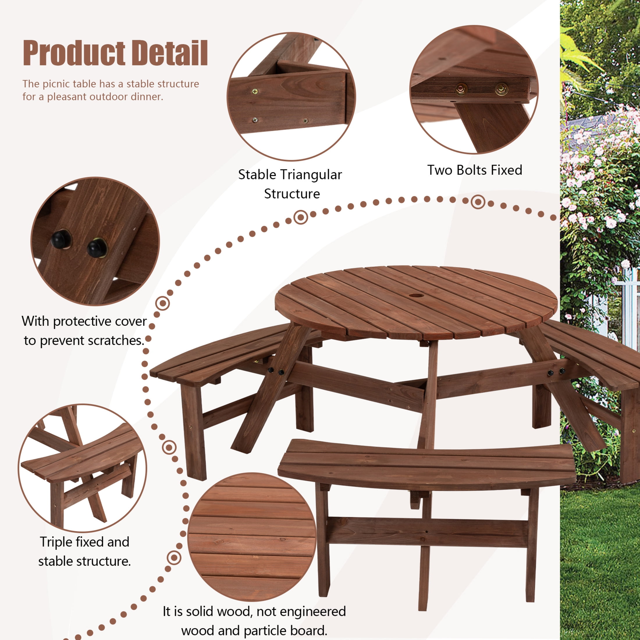 Noble House Isolde 6-Seat Circular Picnic Table with Built-in Benches and Umbrella Hole, Outdoor Fir Wood Set, Brown