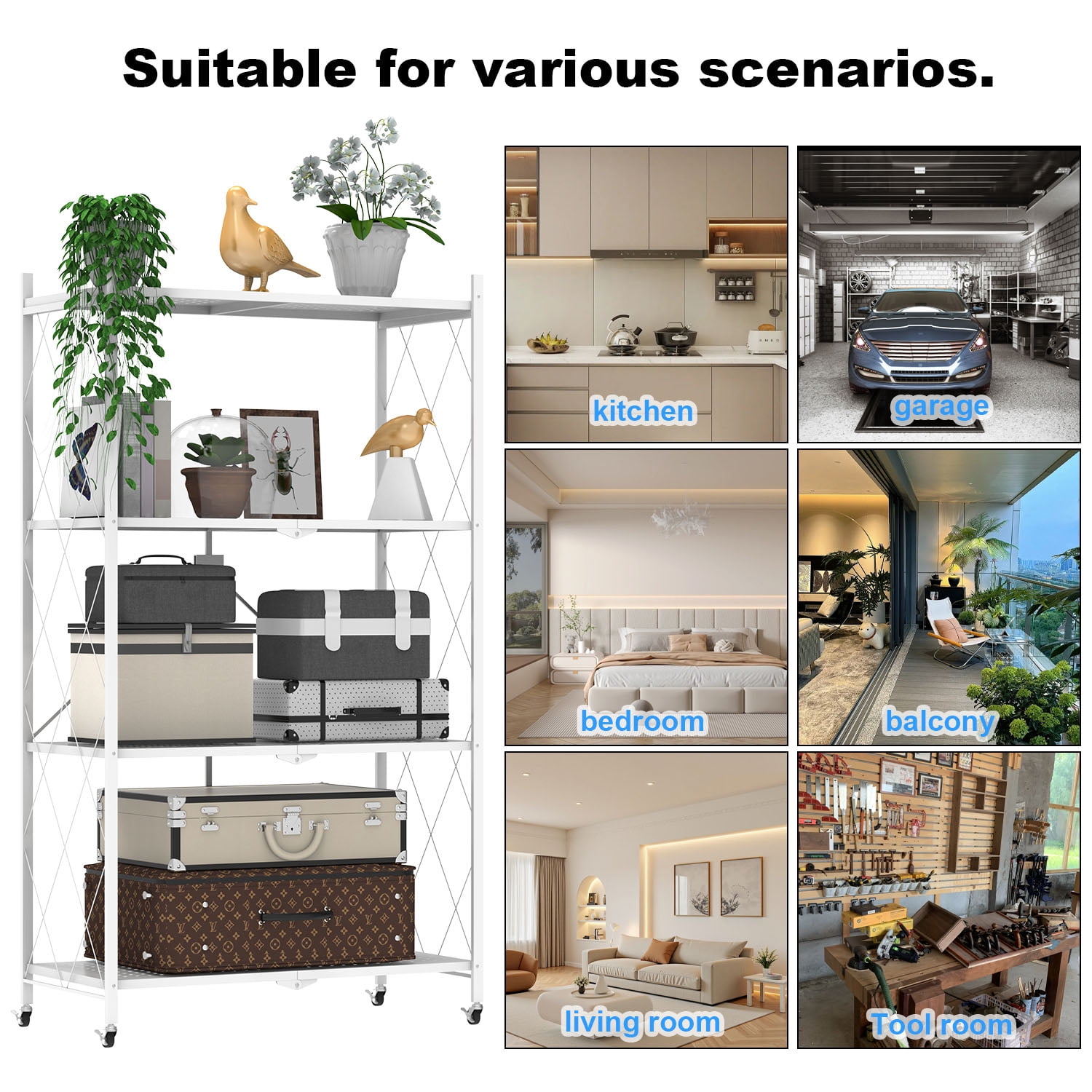 4 Tier Foldable Shelf with Wheels, Portable Carbon Steel No Assembly Organizer, Collapsible Rolling Standing Utility Storage Rack for Kitchen Pantry Office,White