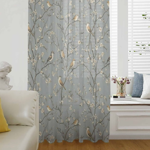 Tree Birds Semi Sheer Curtains Drapes for Living Room, Bedroom, French Doors Window 54 Inches Long, Vintage Grey Flower Floral Branch Spring Rod Pocket Chiffon Curtain Drapery Voile Draperies Panel